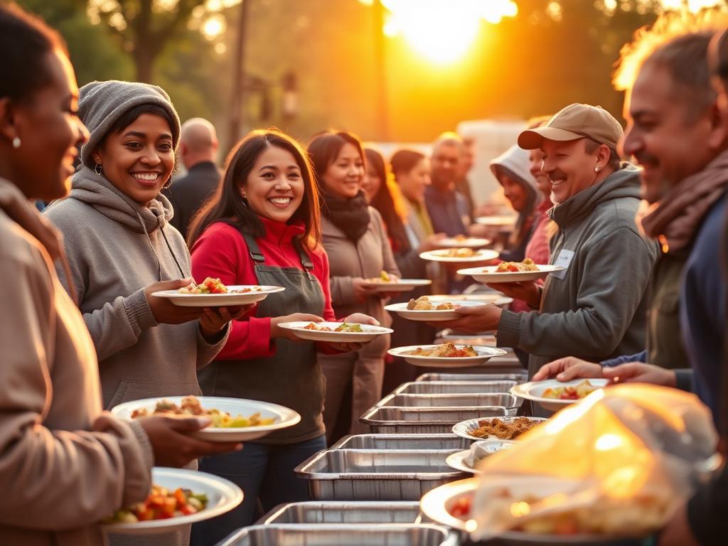 Volunteers serving hot meals at an outdoor community kitchen at sunset