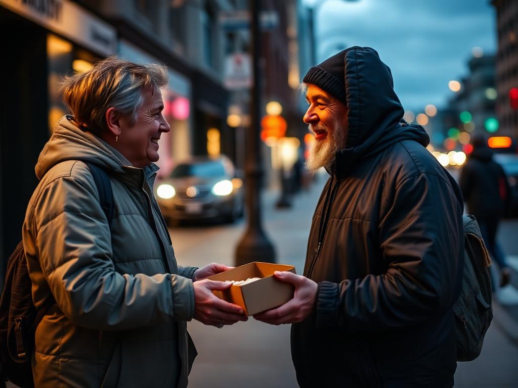 Volunteer handing a warm to-go meal to a man on a city sidewalk at dusk